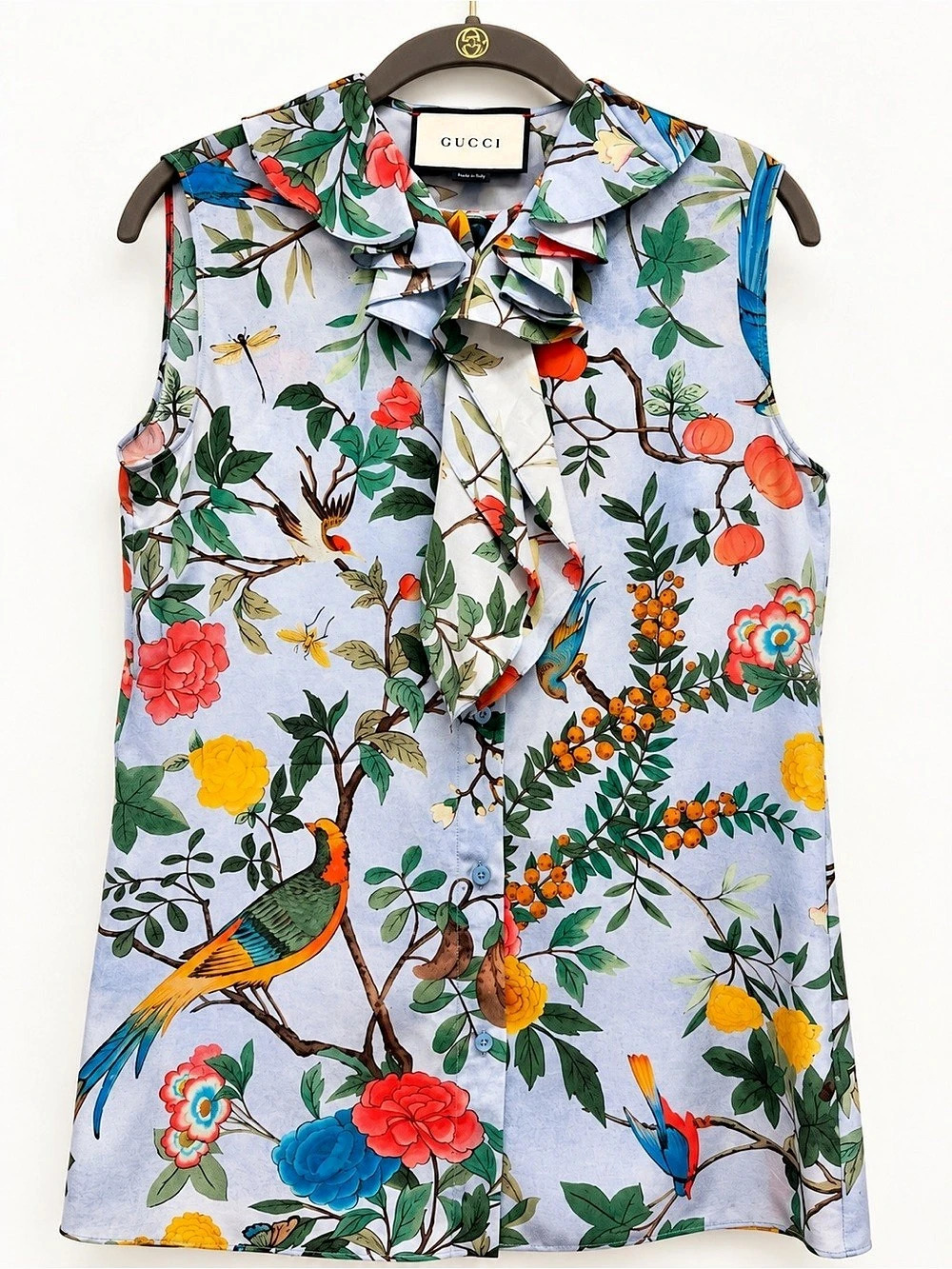 Gucci Floral Silk Ruffle Blouse in Blue Size 44